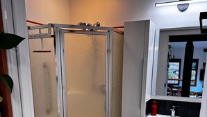 Ein modernes Badezimmer mit einer Duschkabine aus Glas, einem weißen Waschbecken und einem Spiegel darüber.