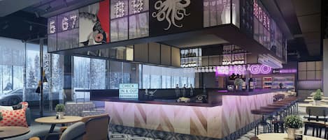 Una zona de bar moderna con menú de sushi, un cartel de recepción y un letrero de neón.