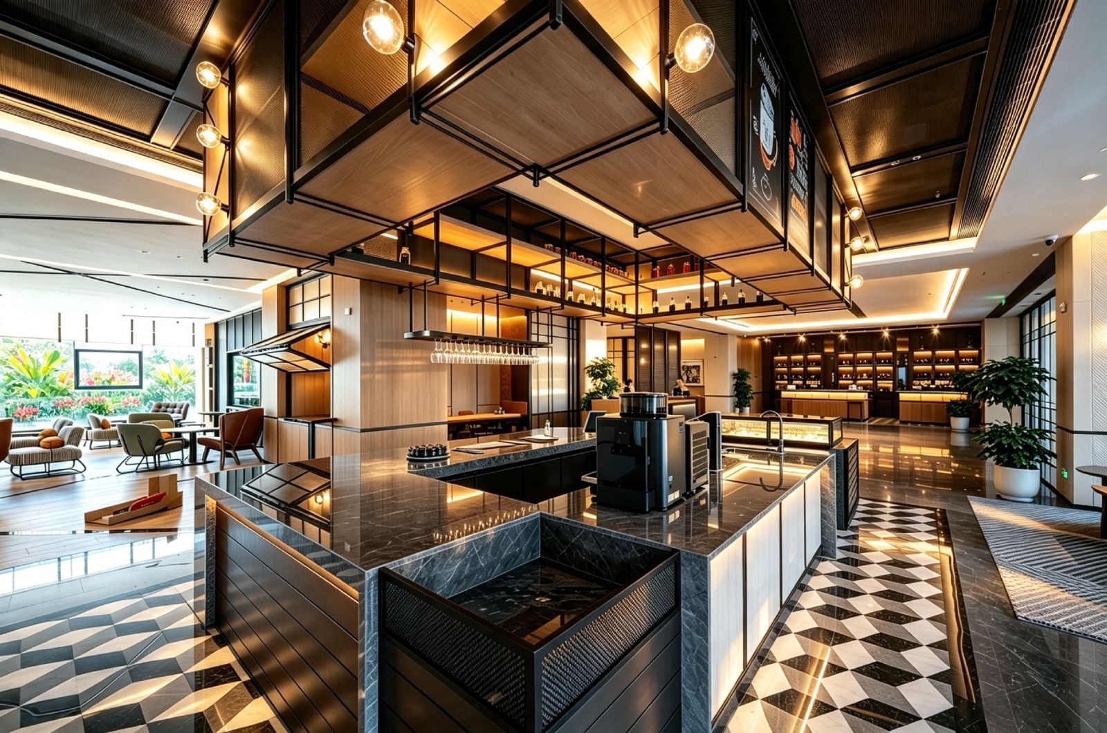Un moderno vestíbulo de hotel con un bar central, zonas de estar y un mostrador de recepción.