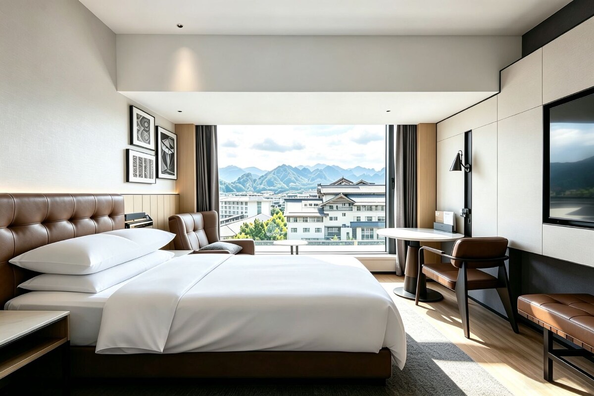 A modern hotel room with a large bed, a desk, a chair, and a view of mountains.