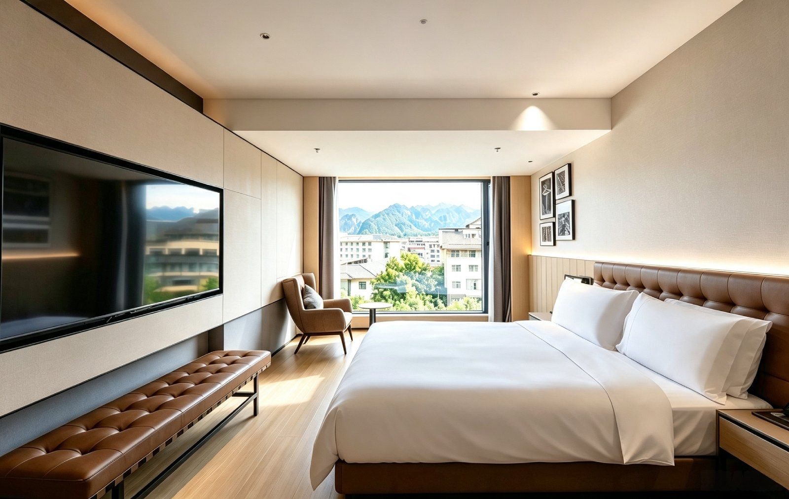 Una habitación de hotel moderna con una cama grande, un televisor de pantalla plana, un área de descanso y vistas a las montañas.