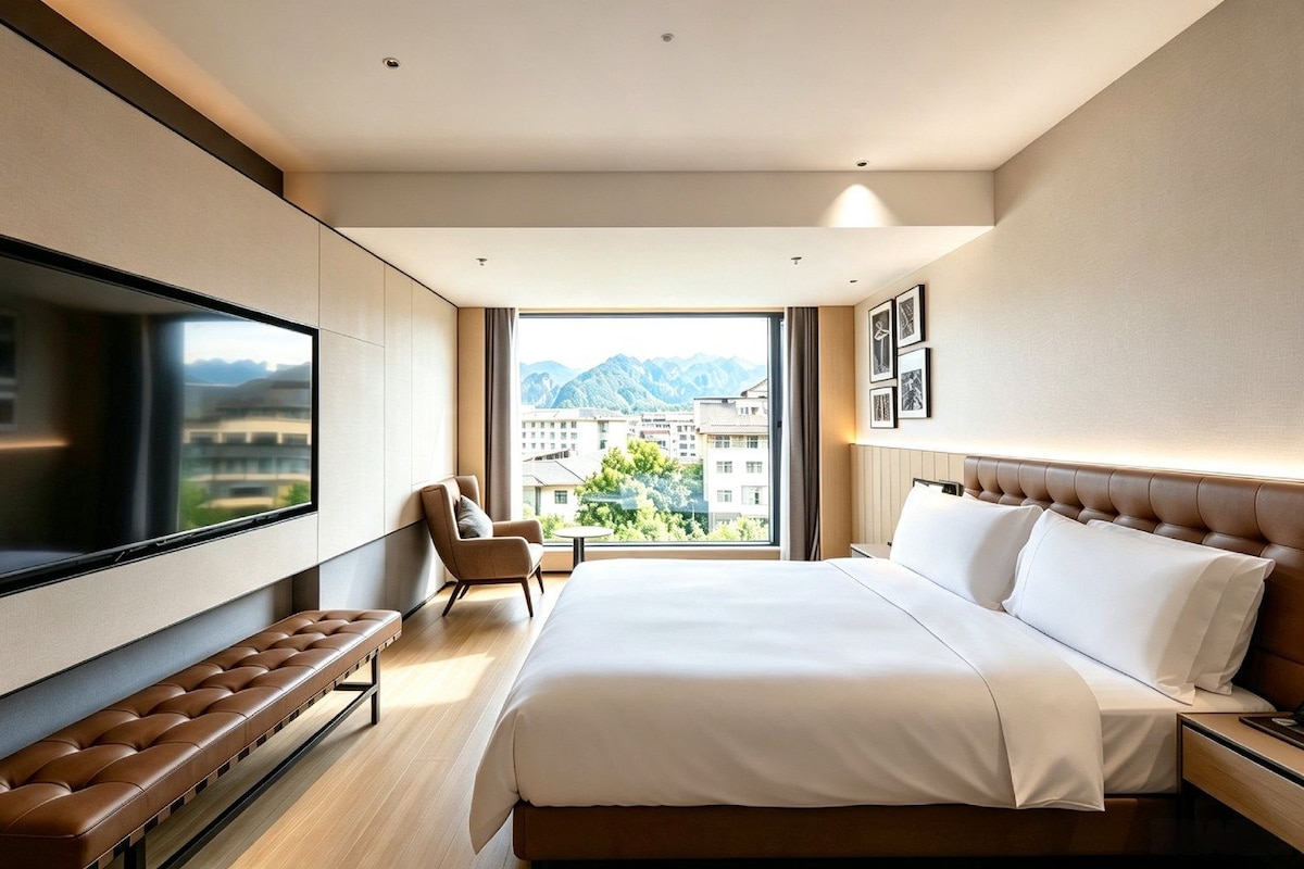 A modern hotel room with a large bed, a flat-screen TV, a seating area, and a view of mountains.