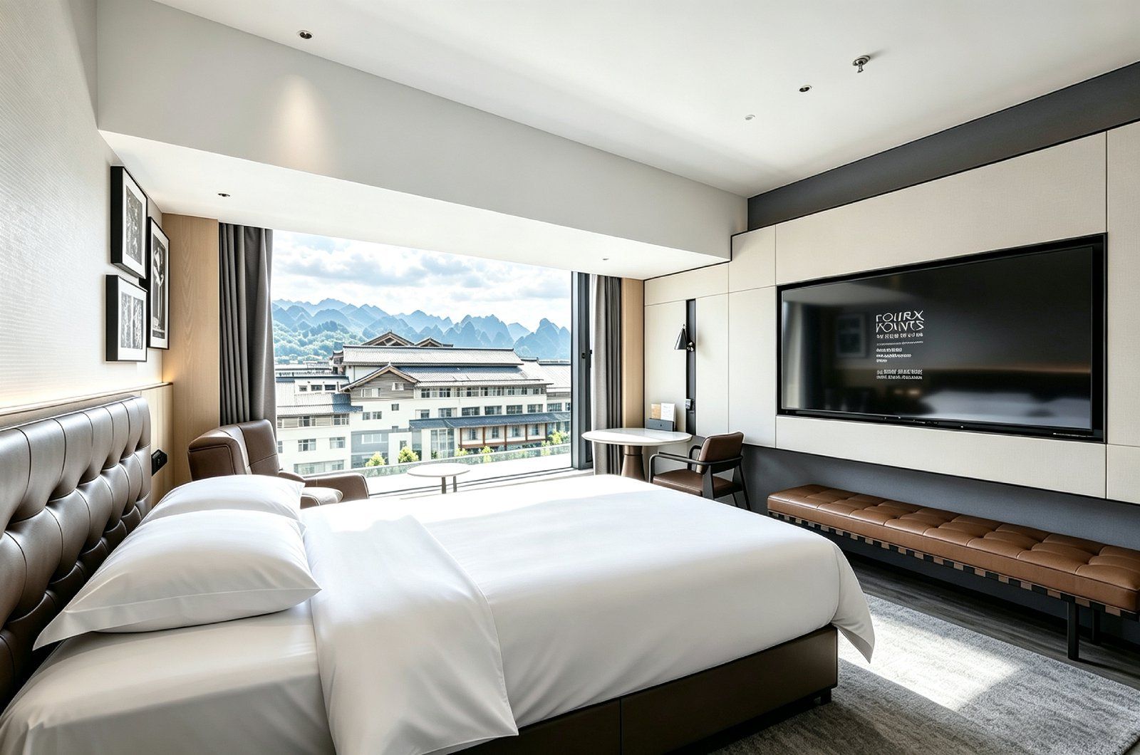 Habitación de hotel moderna con una cama grande, un televisor en la pared y vistas a edificios tradicionales.