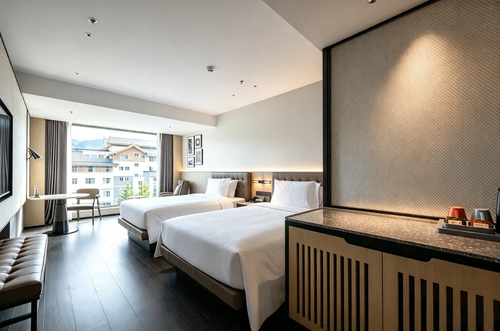 Habitación de hotel con dos camas, un escritorio, una silla y vistas a edificios.