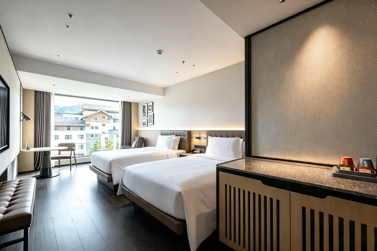 A hotel room with two beds, a desk, a chair, and a view of buildings.