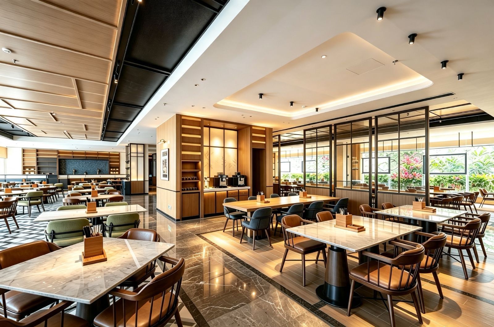 Un restaurante amplio con varias zonas de comedor, un bar y una cocina visible a través de un panel de vidrio.