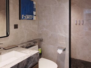 A bathroom with a marble sink, a toilet, and a shower area.