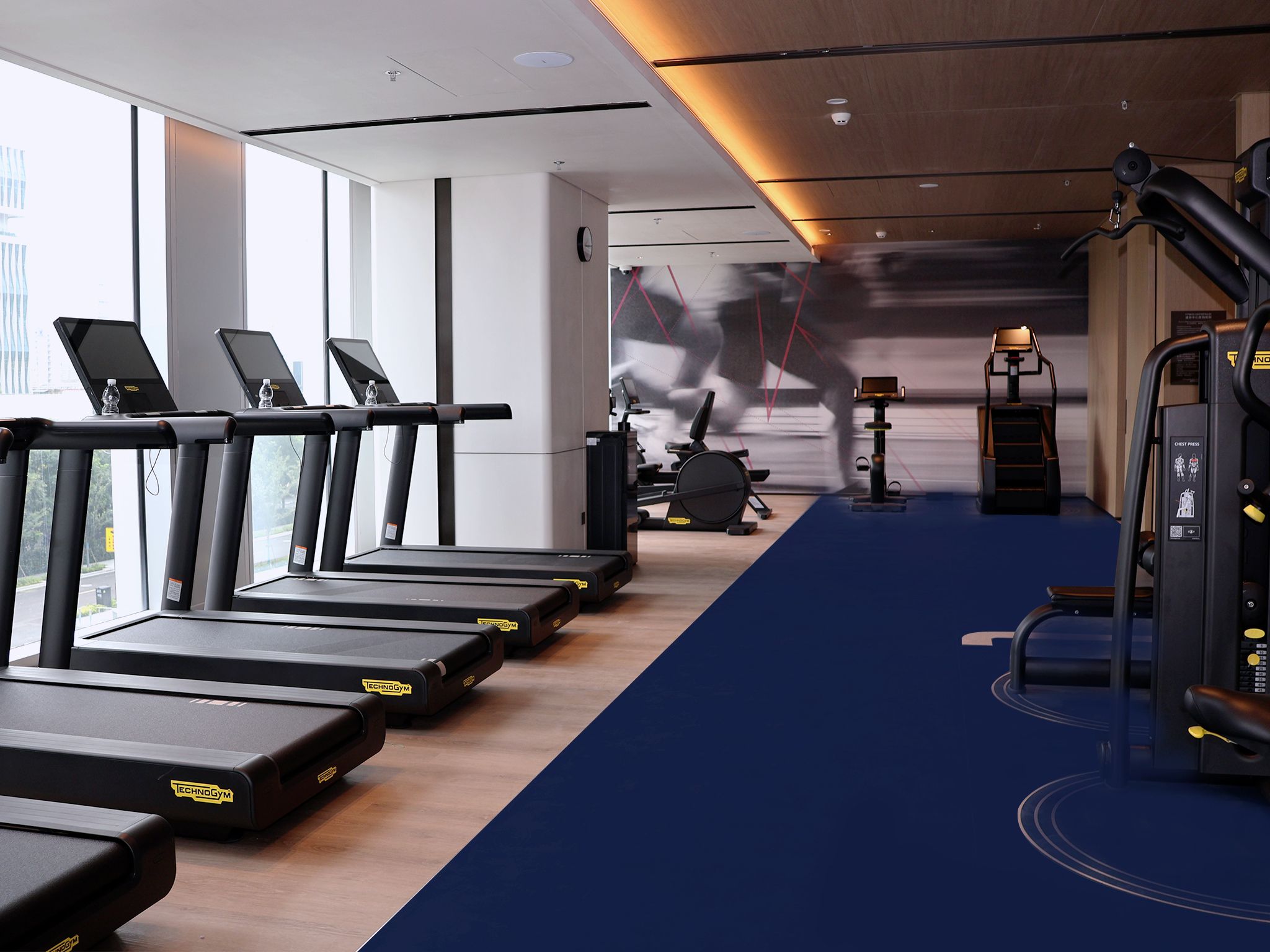 A gym with treadmills, exercise bikes, and weight machines.