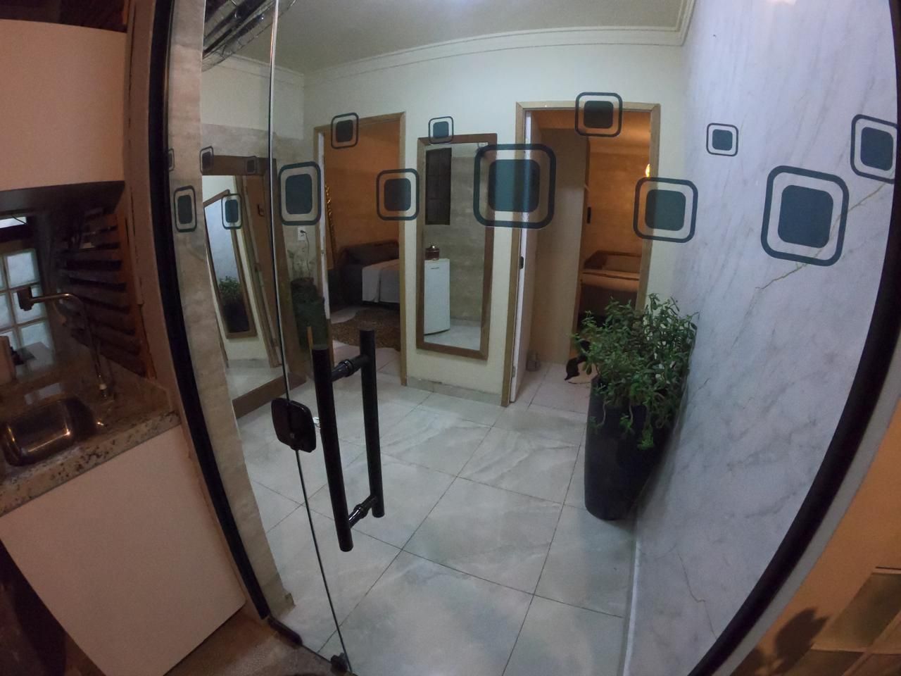 A bathroom with a glass door, a sink, a mirror, and a potted plant.