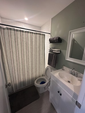 A bathroom with a toilet, sink, and shower curtain. -  3 BR apartment with central AC in the village. Steps to Main St. (Westhampton Beach)