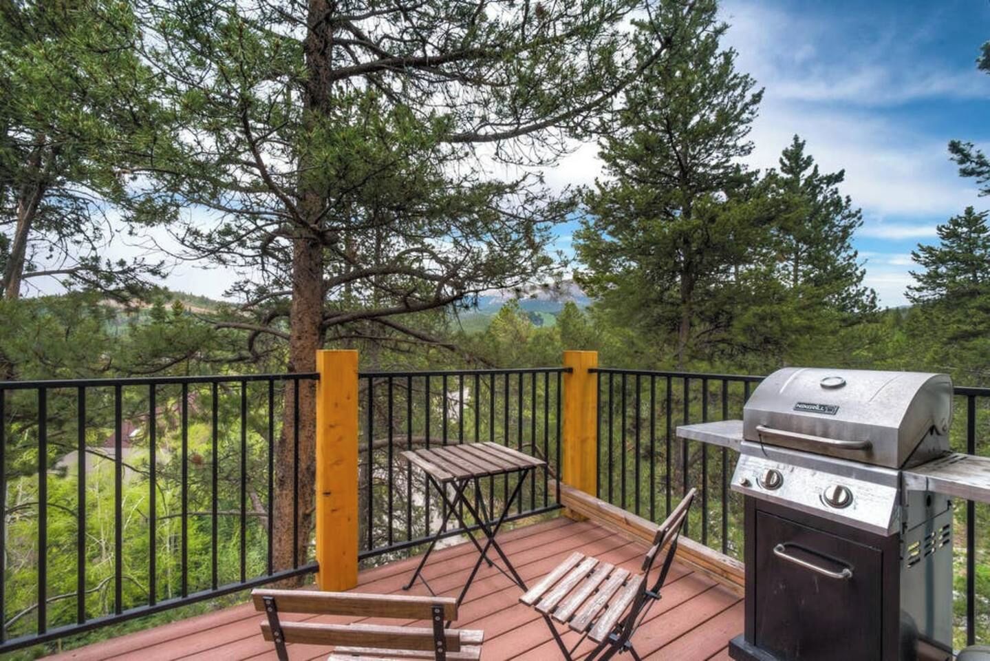 Une terrasse dotée d’un barbecue et de sièges, entourée d’arbres et offrant une vue sur le paysage.