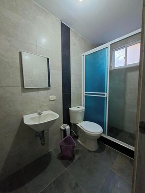 Een badkamer met een wastafel, toilet en douche.