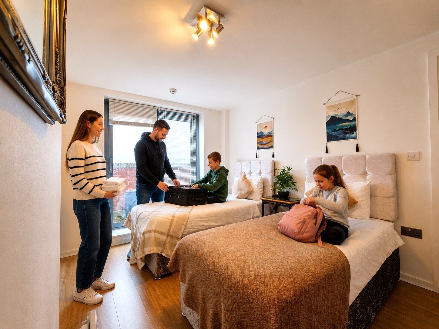 A hotel room with two beds, a window with blinds, a wall-mounted artwork, and a ceiling light fixture.