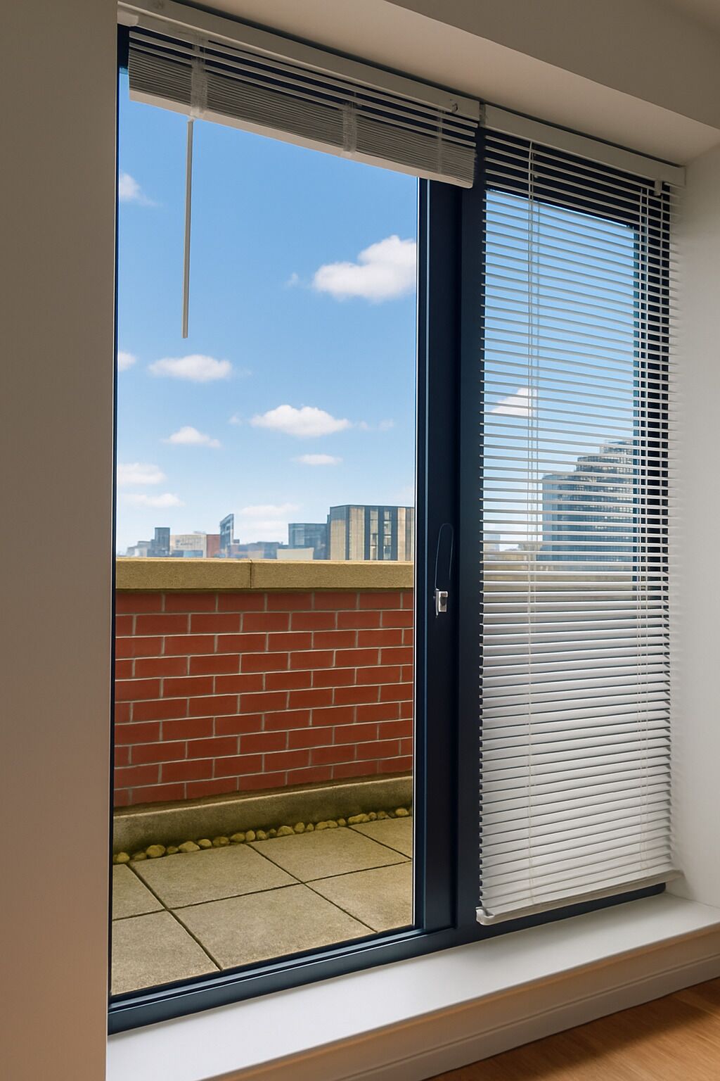 A room with a sliding glass door leading to an outdoor balcony with a view of the city skyline.