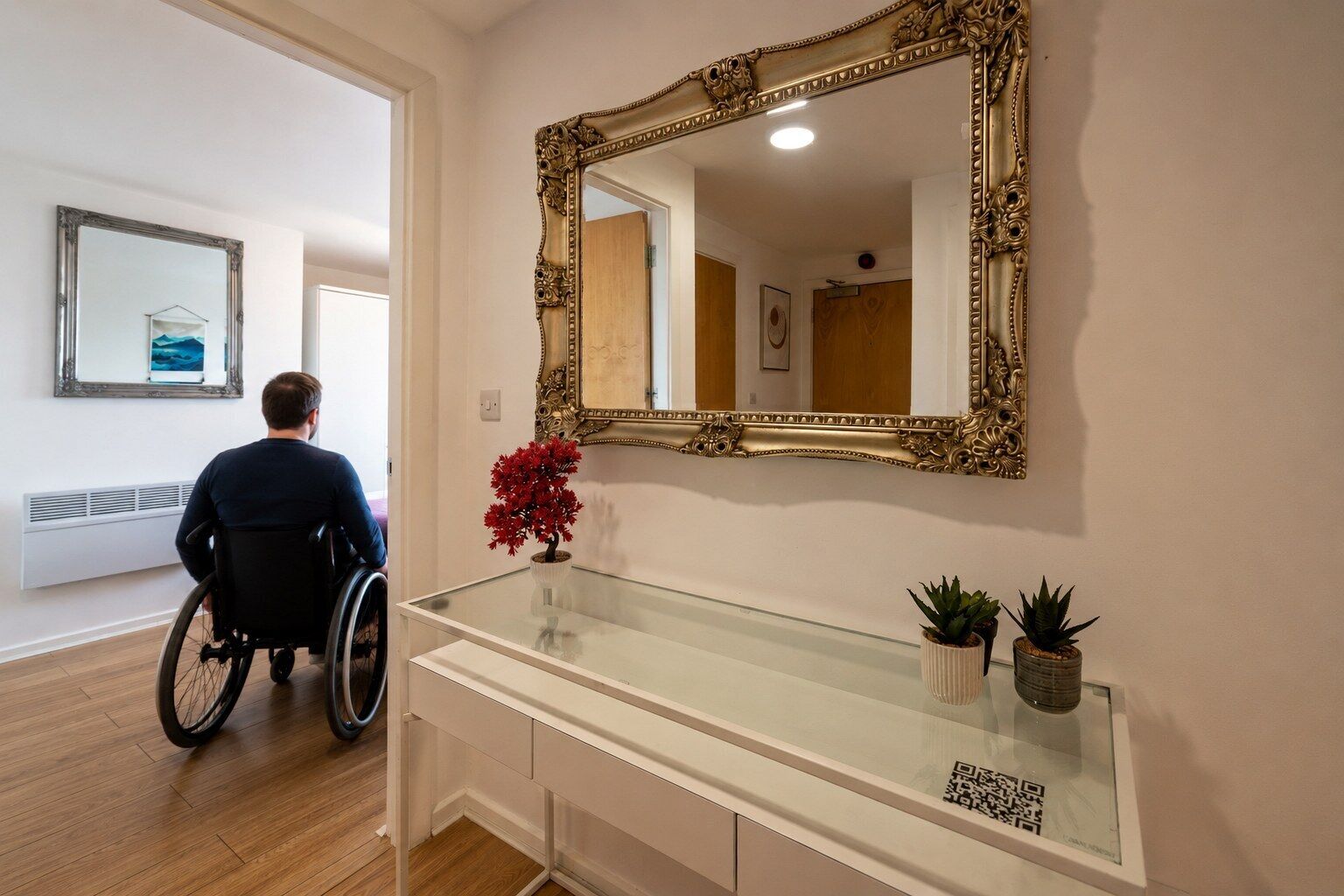A wheelchair-accessible room with a large ornate mirror, a glass-top console table with potted plants, and a view of a hallway.