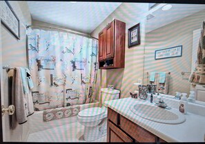 A bathroom with a shower curtain featuring bird and nature motifs, a toilet, a sink with a mirror, and wooden cabinets. - 3-bedroom house with acreage for horses. Fire pit and Hot Tub. (Hot Springs)
