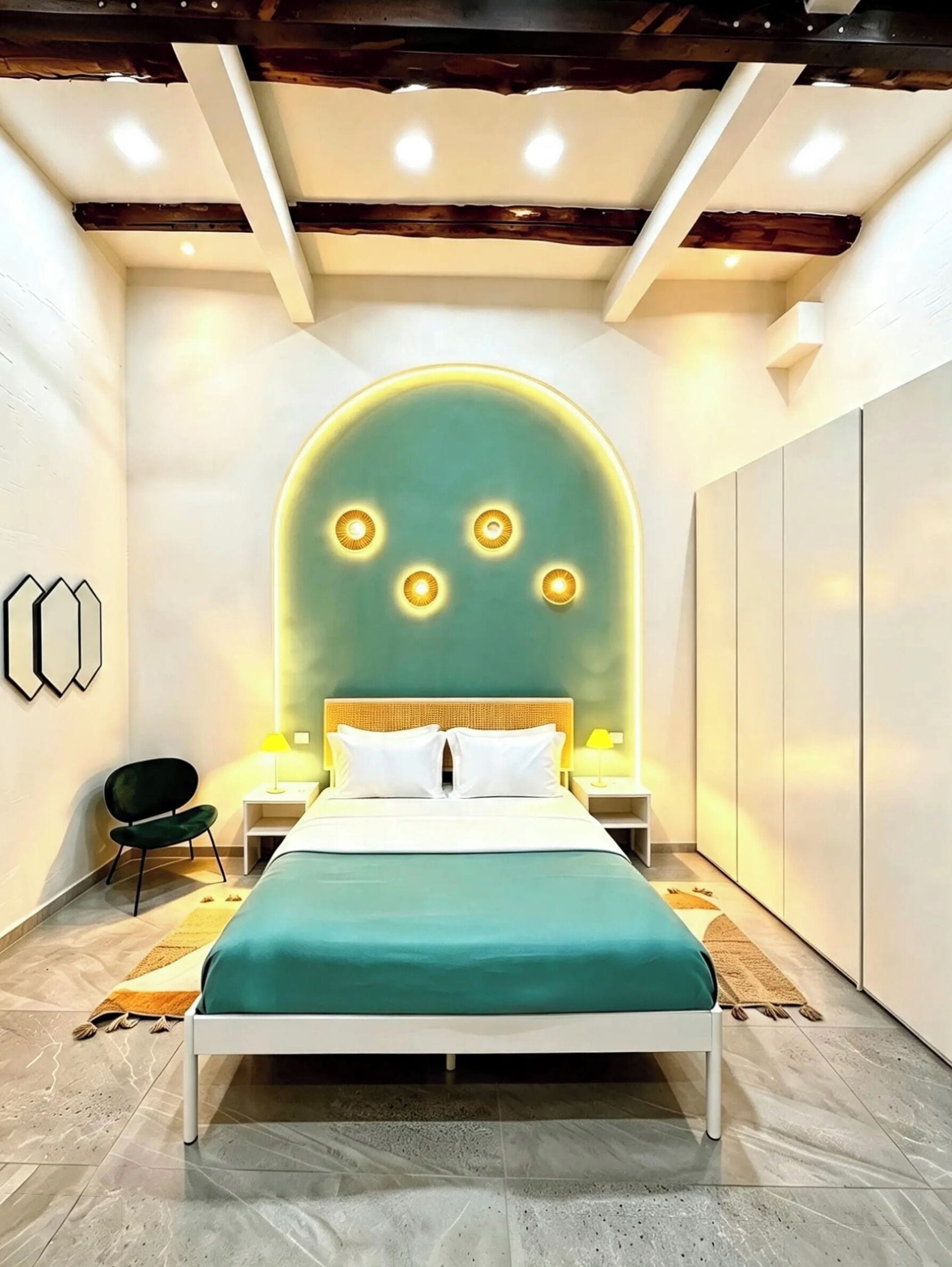 Un dormitorio moderno con una cama centrada bajo un techo curvo, flanqueada por mesitas de noche con lámparas, una silla y un aplique en la pared.