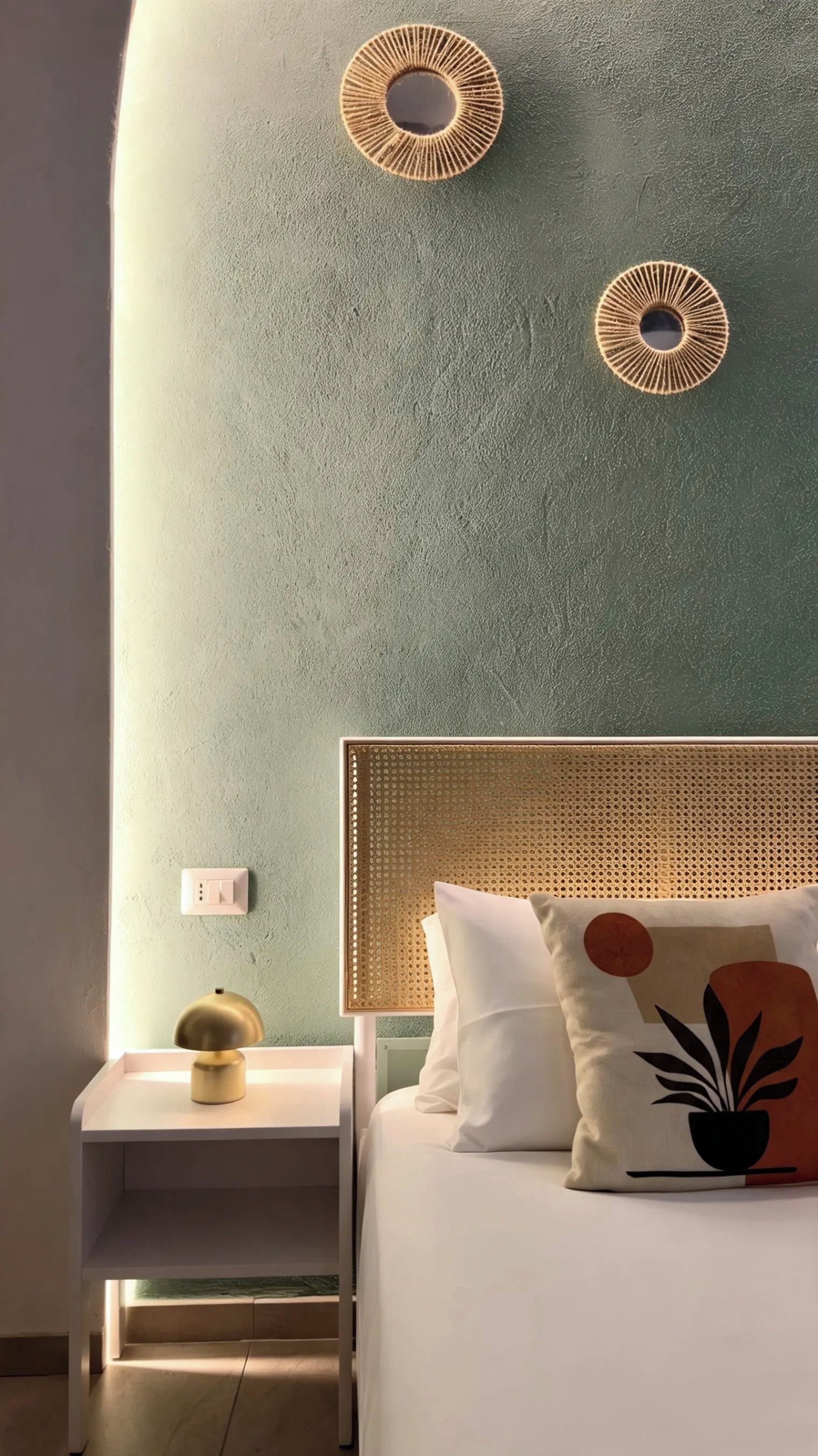 Ein Schlafzimmer mit einem Bett, einem Nachttisch und zwei Wanddekorationen.