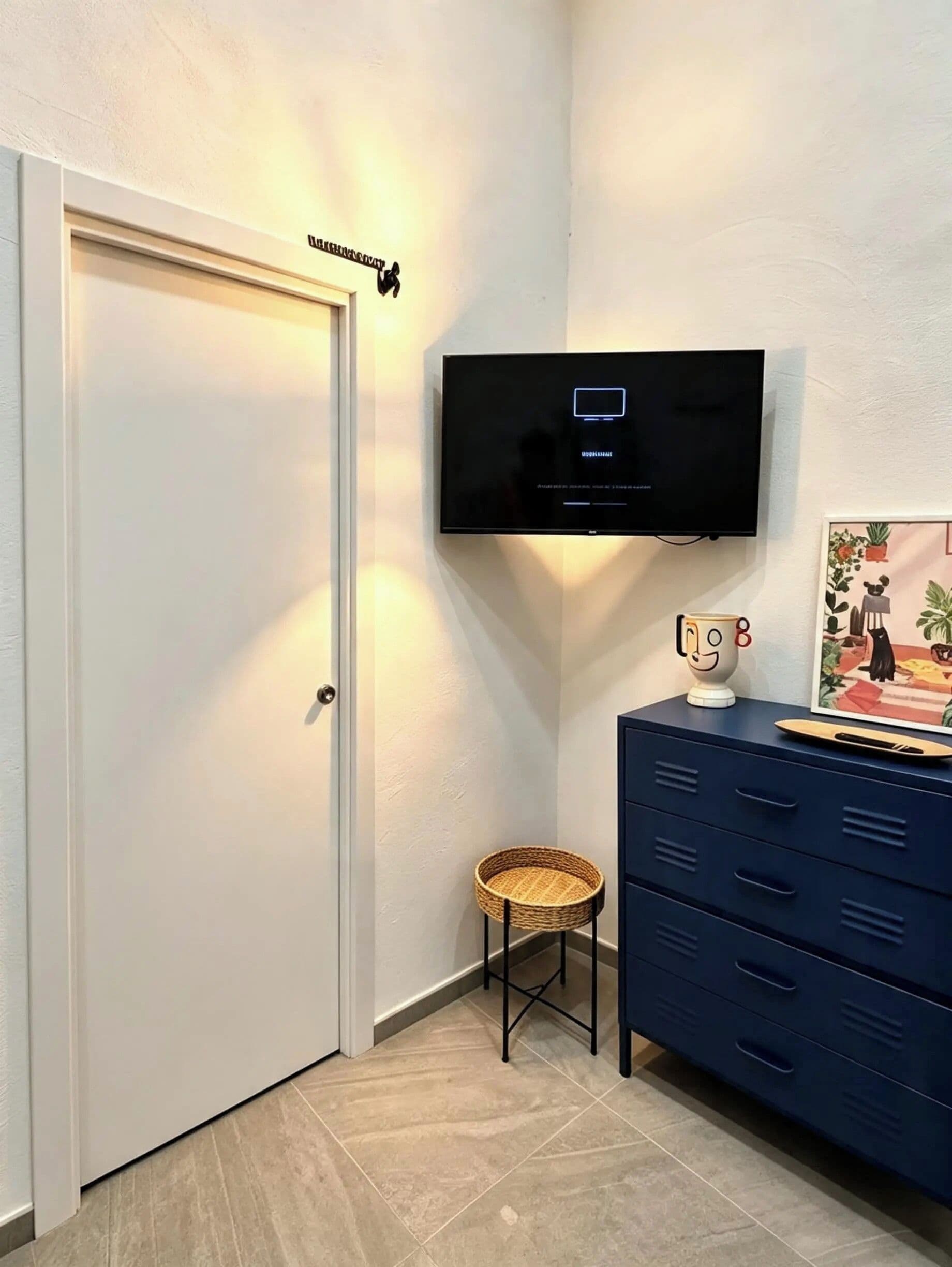 Una stanza con una porta chiusa, una televisione a muro, uno sgabello in vimini e un comò blu scuro, oltre a un quadro appeso al muro.