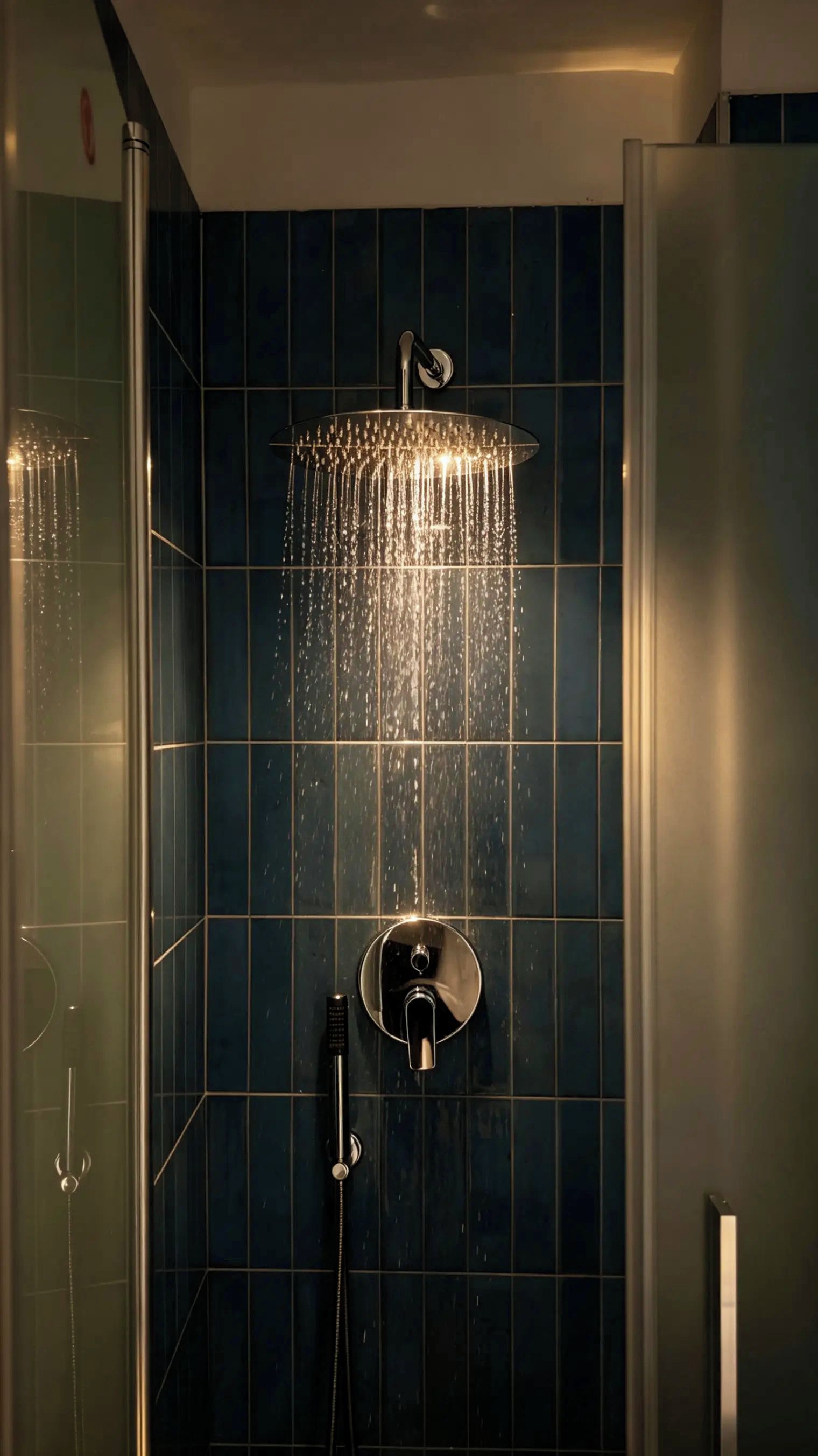 Ducha con sistema de cascada, cabezal de ducha de mano y mandos en la pared.