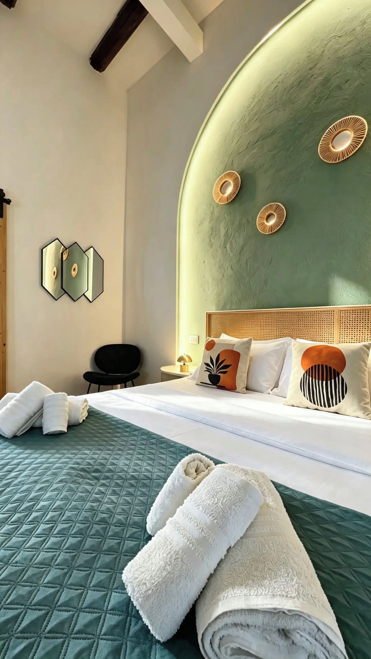 A hotel room with a green quilted bedspread, a neatly made bed with white linens, a headboard with decorative elements, and a wall-mounted mirror.