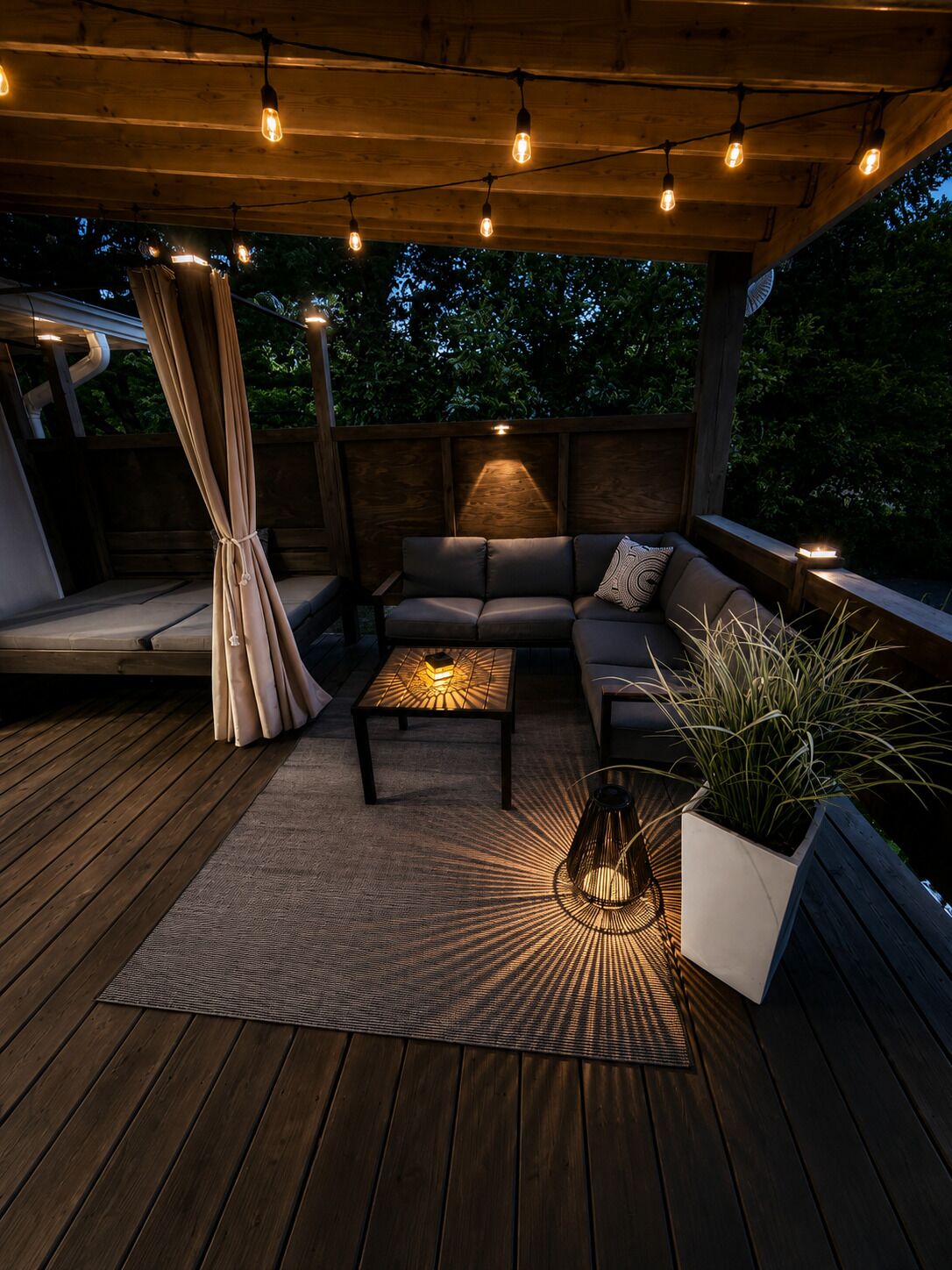 Um pátio externo com deck de madeira, um sofá, uma mesa de centro e um vaso com planta.