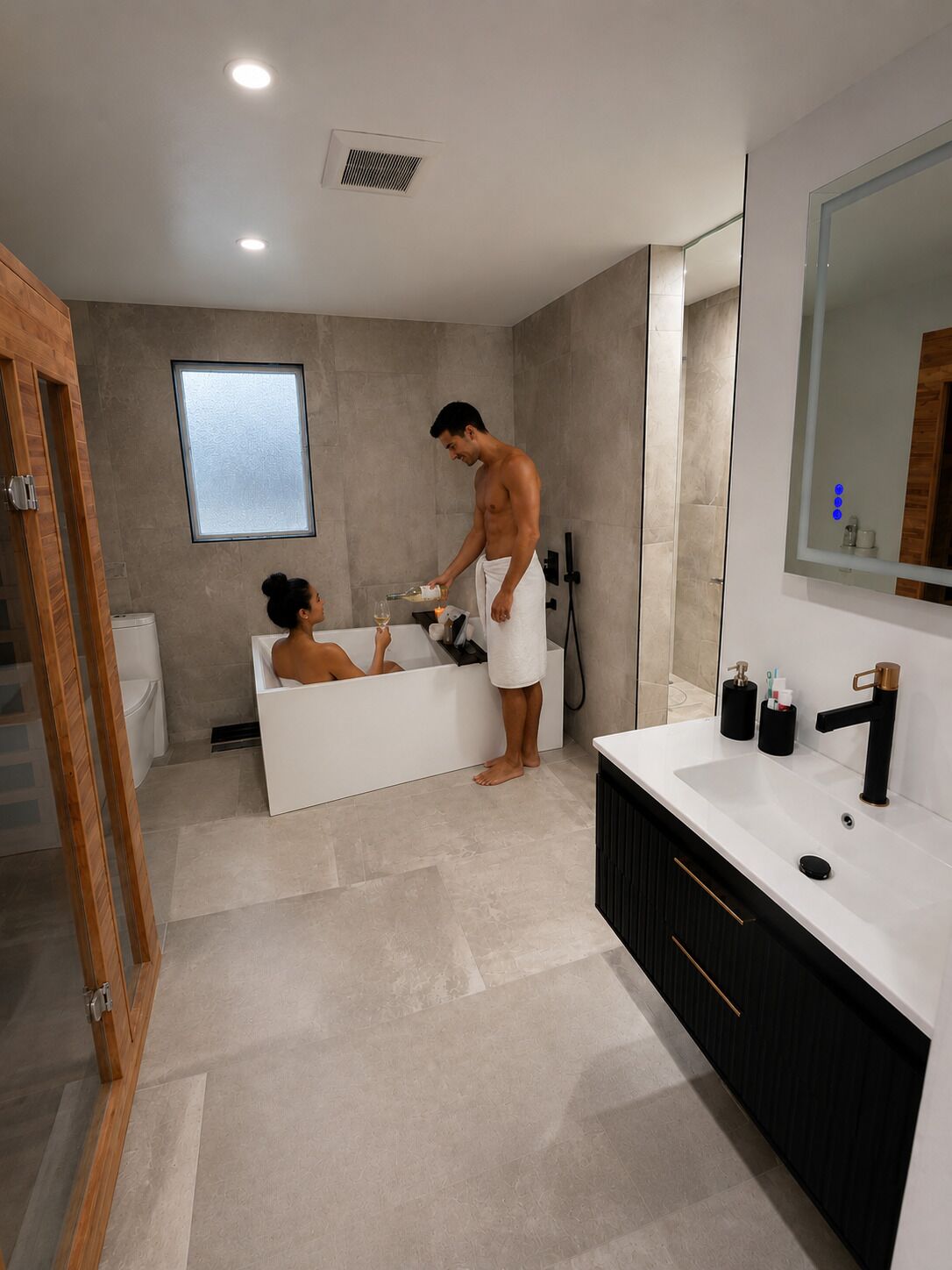 Un baño moderno con bañera, lavamanos y espejo.