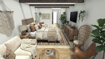 Una sala moderna con una cama, sofás, una mesa de centro y un televisor.