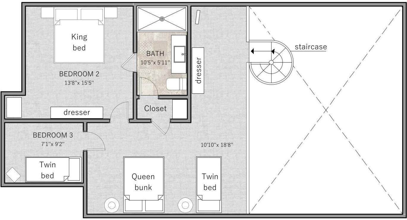 A floor plan with three bedrooms, a bathroom, a closet, and a dresser.