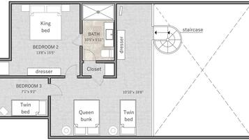 A floor plan with three bedrooms, a bathroom, a closet, and a dresser.