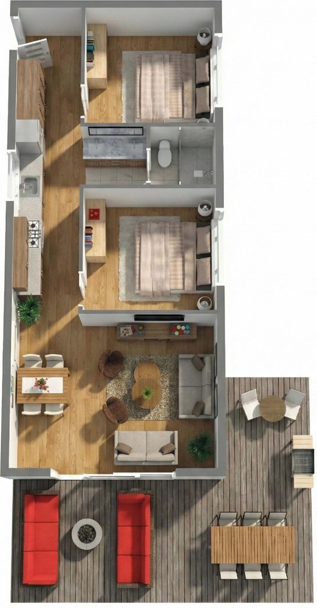 Un appartement en duplex comprenant une cuisine, deux chambres, un espace de vie et un balcon.