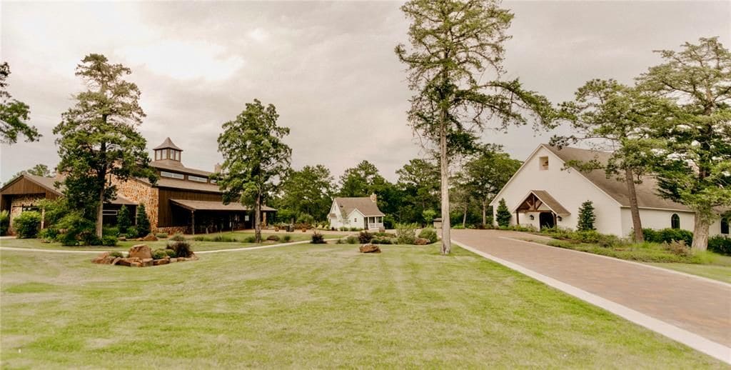 A residential area with a paved driveway, a white house with a gabled roof, and a large tree in the foreground.