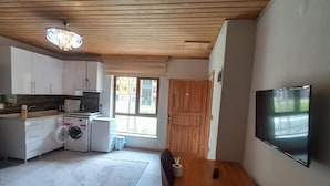 En rummelig opholdsstue med et træbord, et fjernsyn ophængt på væggen og et køkken med moderne hårde hvidevarer.