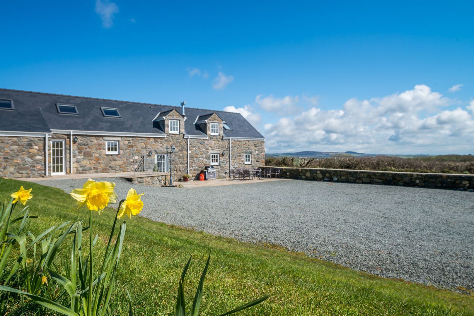 A stone building with a gravel driveway and a grassy area with daffodils.