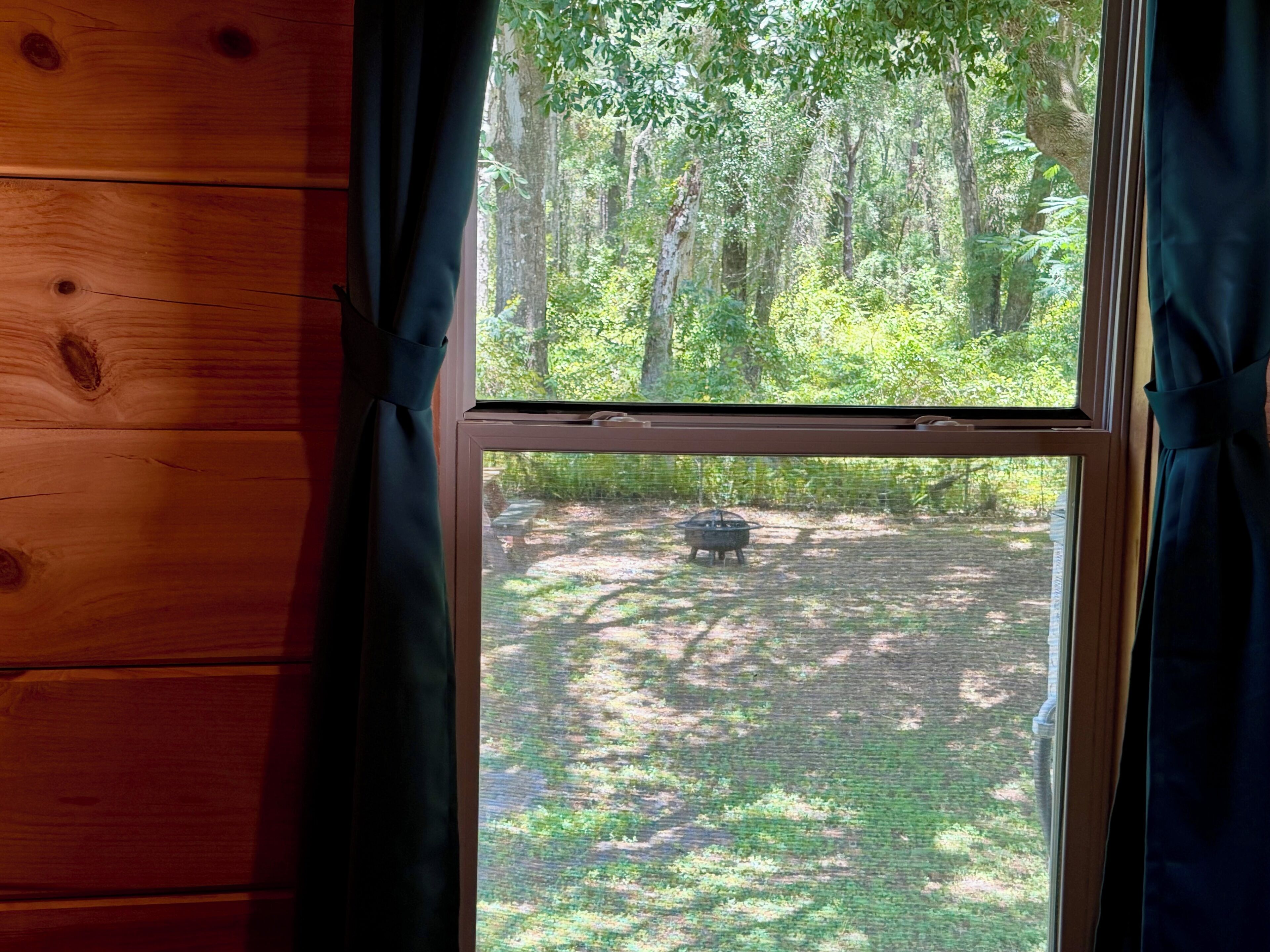Janela com vista para uma área arborizada e uma churrasqueira.