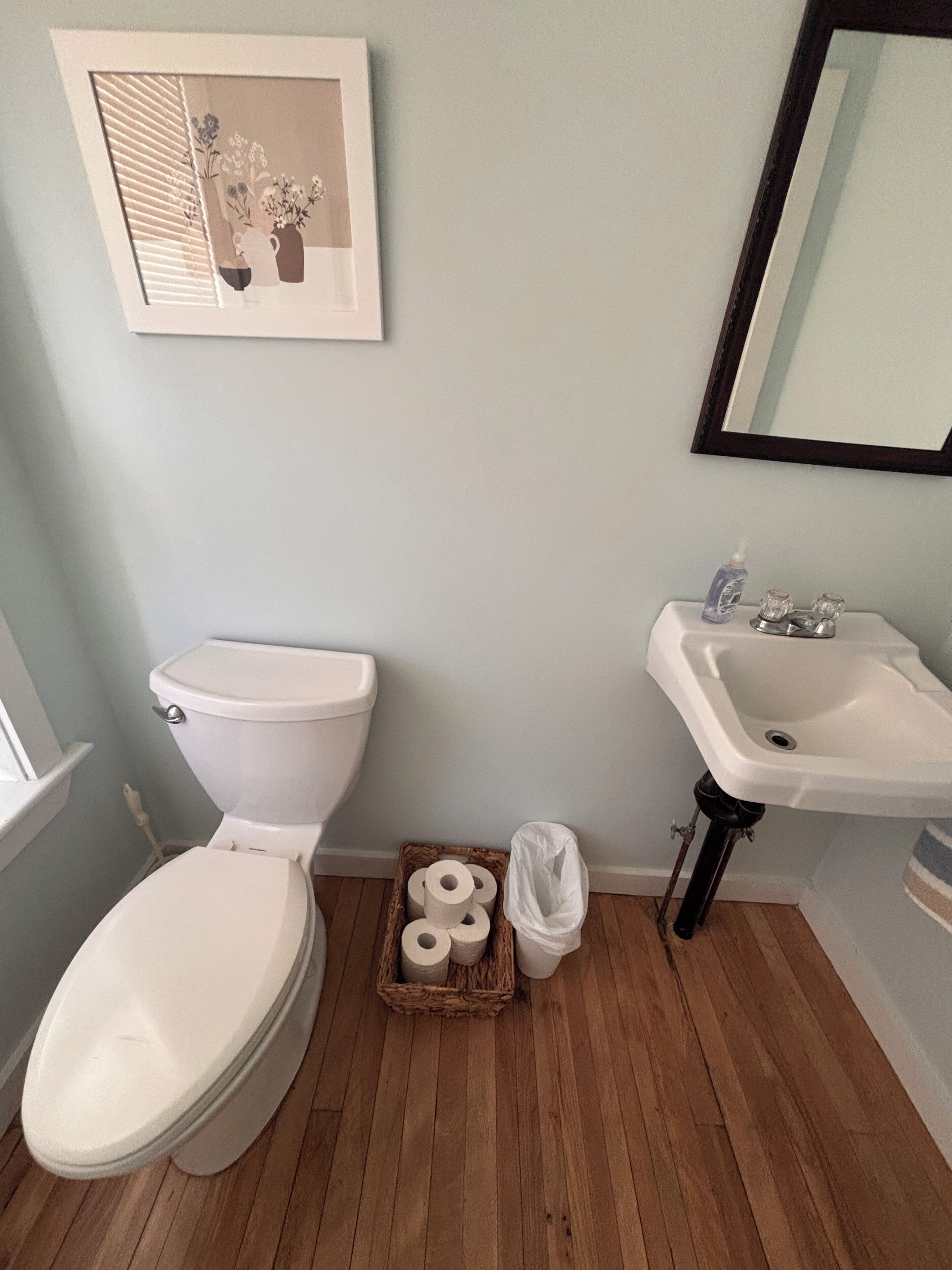 A bathroom with a toilet, sink, and a framed picture on the wall.