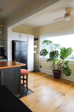 A kitchen with a black refrigerator, wooden countertop, and a red chair. There is a potted monstera plant near a window.