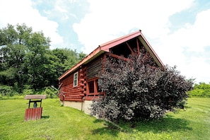 Una baita di legno con tetto spiovente, un piccolo portico e un tavolo da picnic in un'area erbosa con alberi.