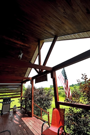 Ein überdachter Außenbereich mit Grill, Stuhl und amerikanischer Flagge.