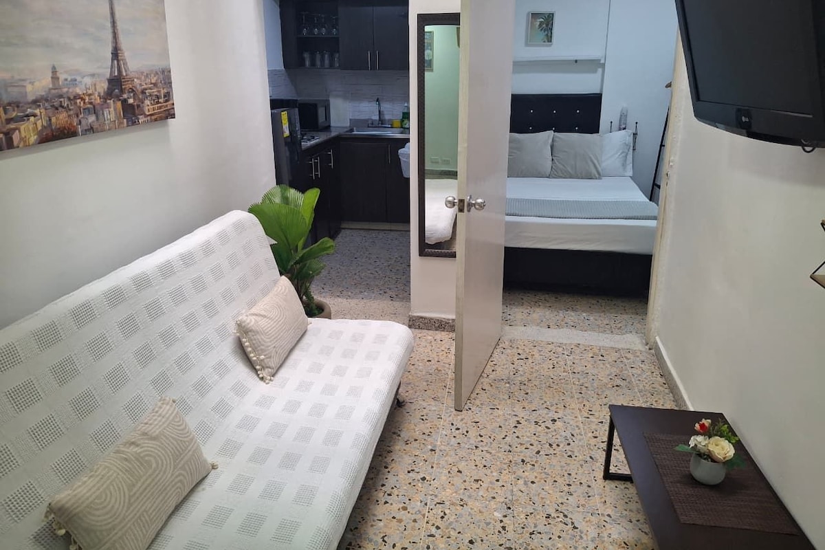 Un ambiente compatto con angolo cottura, un letto, una TV e un tavolino con un vaso.