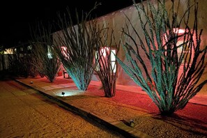 A nighttime view of a building with illuminated trees and a pathway leading to the entrance.