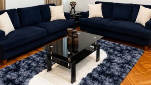 Una sala de estar con dos sofás azul oscuro, una mesa de centro negra y una alfombra mullida.