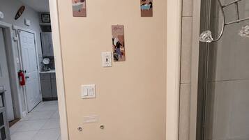 A bathroom with a toilet, a shower, and a radiator. There are wall-mounted light switches and a power outlet.