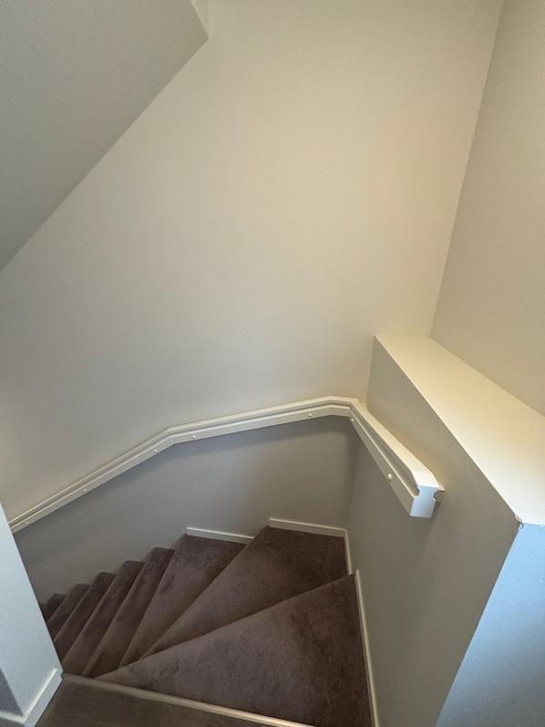 A carpeted staircase with a white handrail and a white wall.