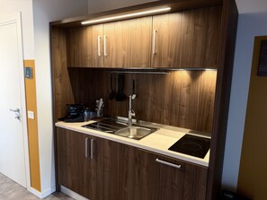 A compact kitchen with wooden cabinets, a stainless steel sink, and an induction cooktop. - Mirage Arona (Arona)