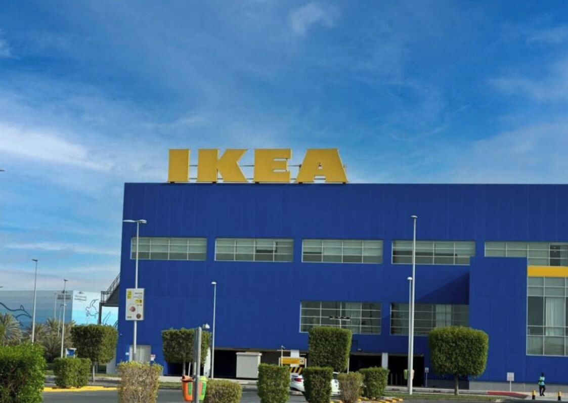 A blue building with the IKEA logo on the facade.
