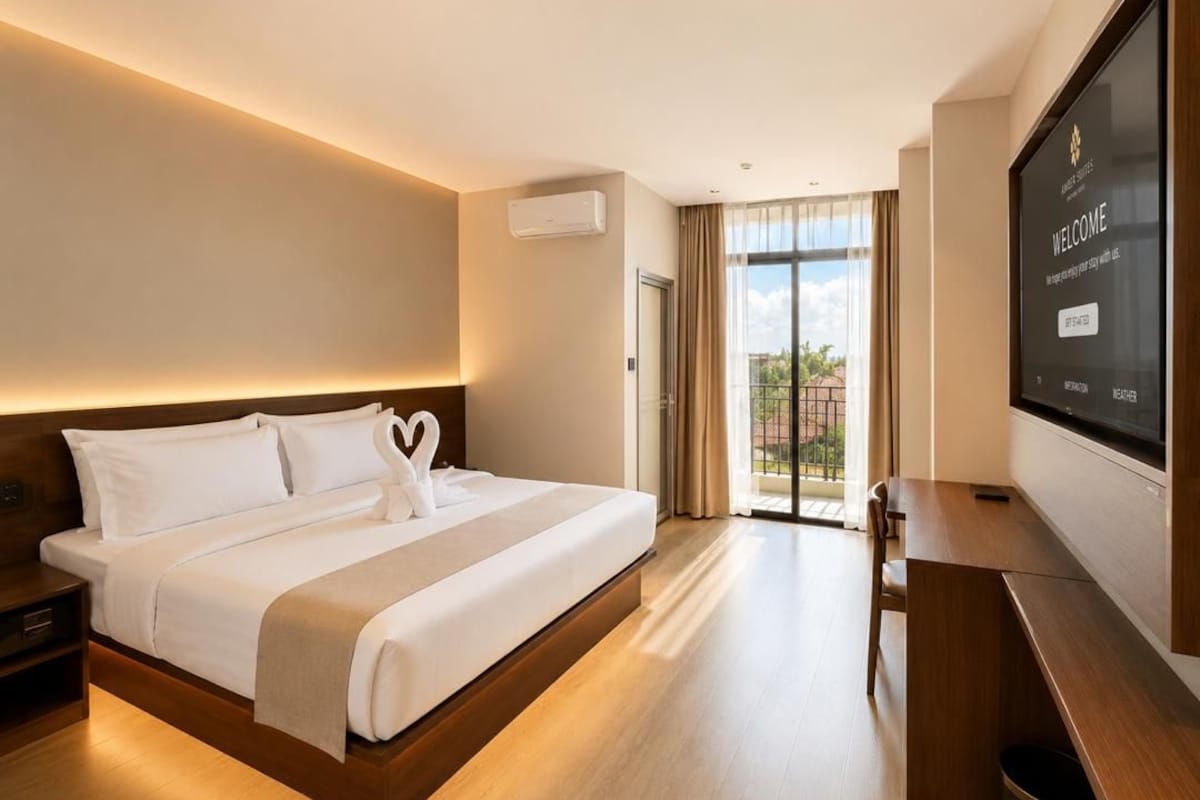 A hotel room with a bed, bedside table, desk, and a television screen displaying a welcome message.