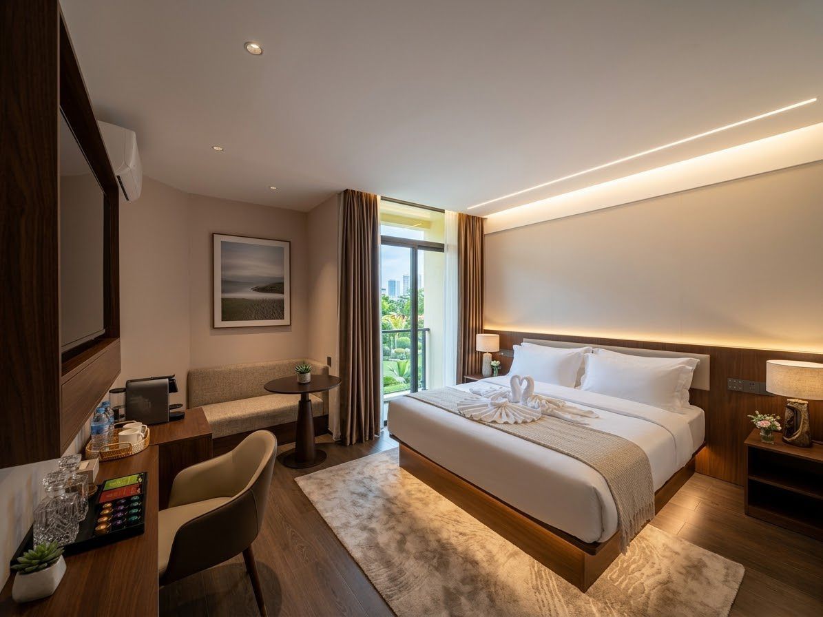 A modern hotel room with a large bed, a desk with a laptop, a chair, and a view of greenery outside.