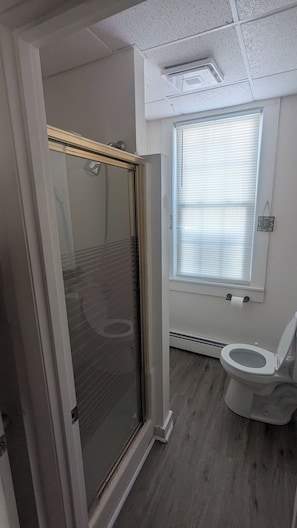 A bathroom with a toilet, a shower with a glass door, and a window with blinds.