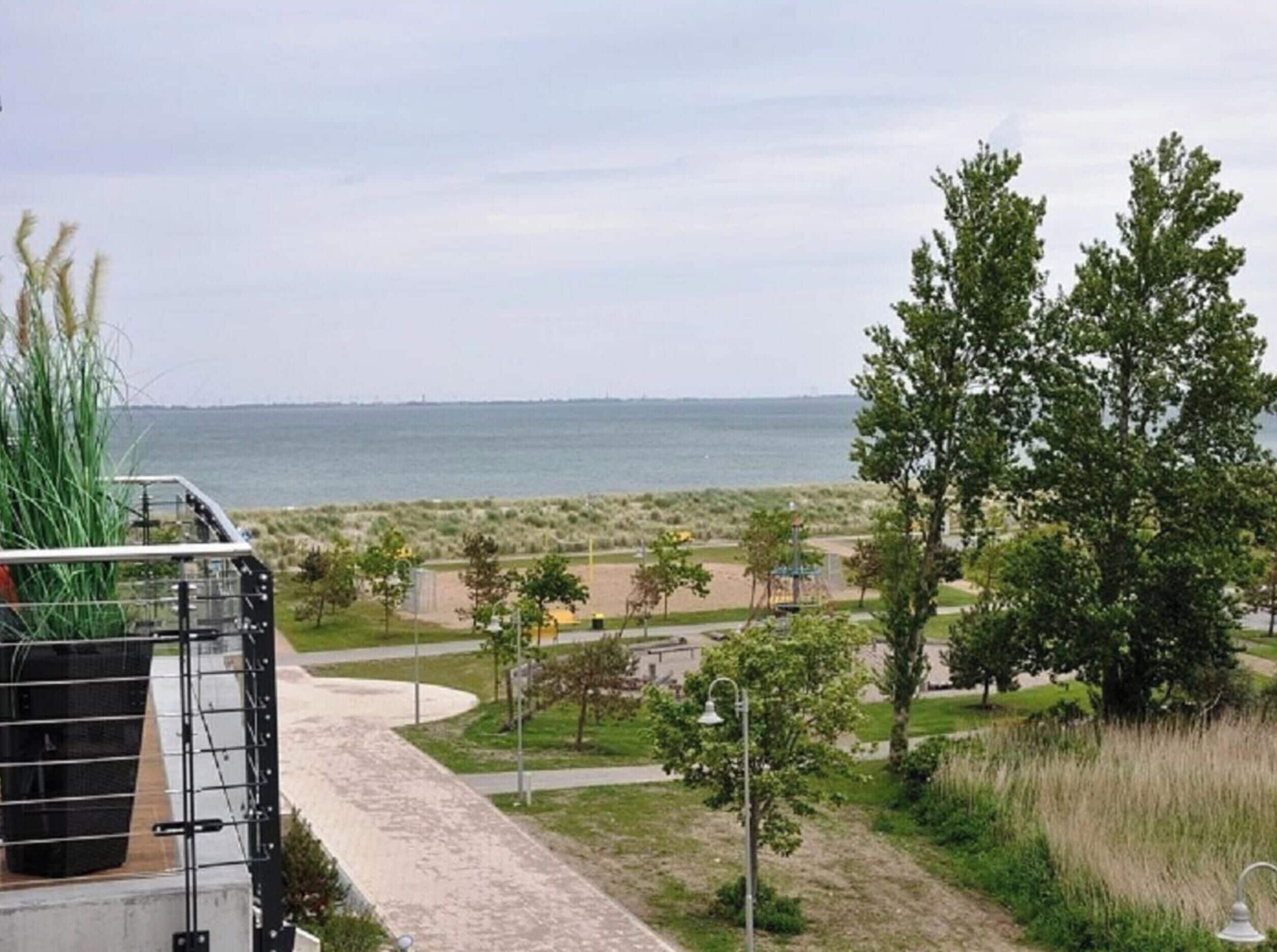 A coastal view with a pathway leading to a beach, trees, and a clear sky.